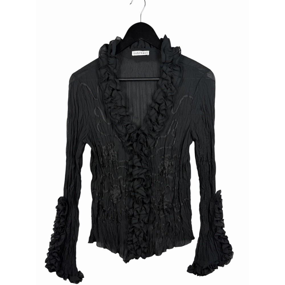 Y2K Kaelyn-Max Black Sheer Crinkle Ruffle Blouse Fairycore Whimsigoth Boho
